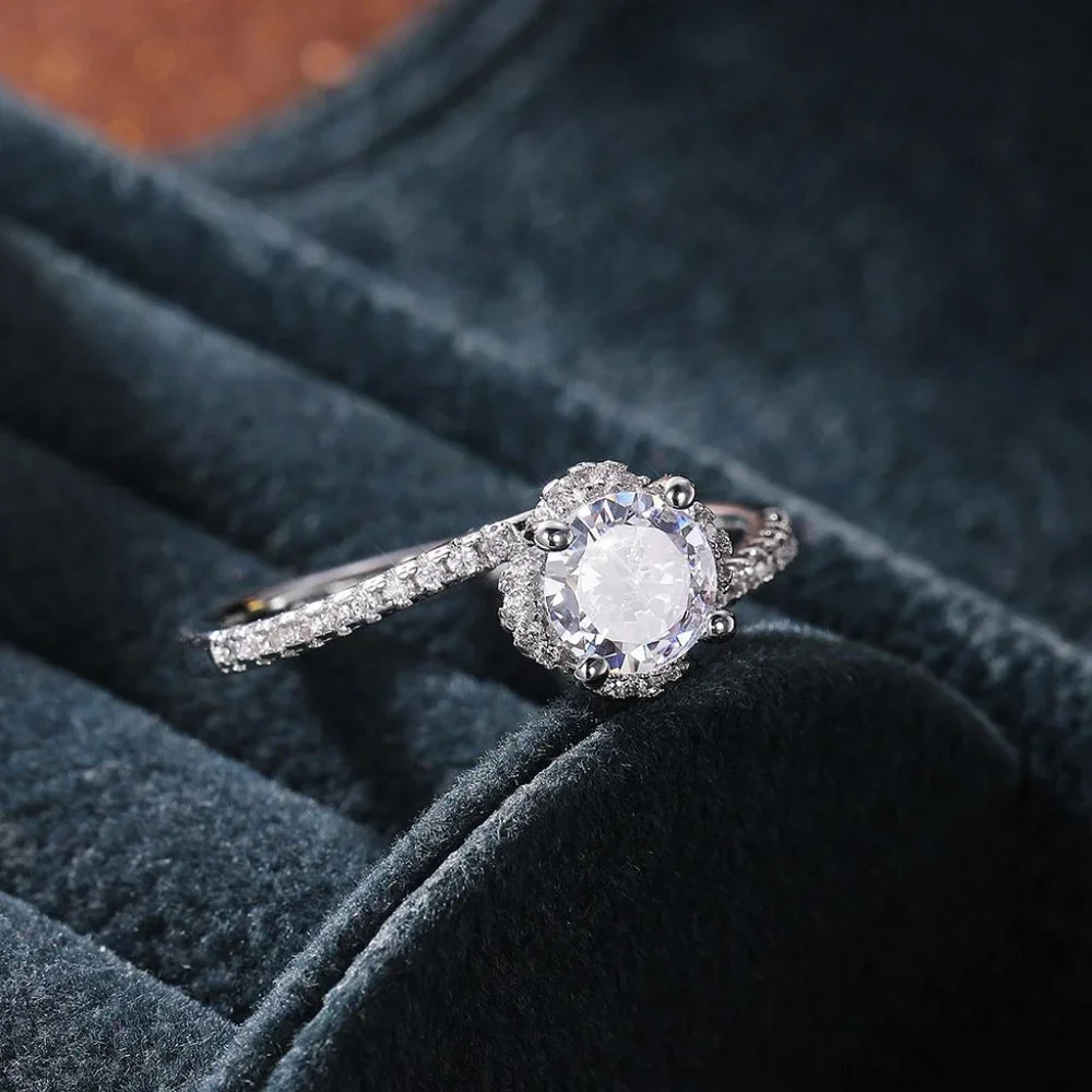 😍Beautiful CZ Diamond Twisted Macro Pave Silver Pure Flower Wedding Ring, K844